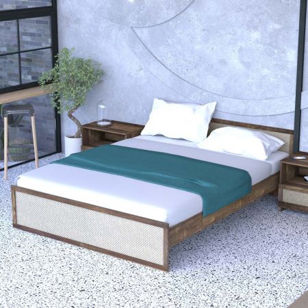 Amerikanisches, rustikales Rattan-Kingsize-Bett mit Holzunterstützung und Eisenrohr - Amerikanisches, rustikales Rattan-Kingsize-Bett mit Holzunterstützung und Eisenrohr